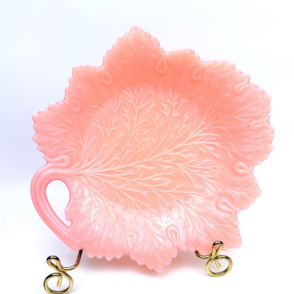 Fenton Leaf Plate Pink Slag Glass Nappy Dish 1950's Art Glass Light Purple Edge